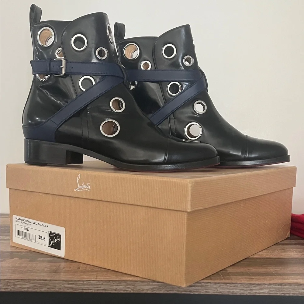 Christian Louboutin Black Patent Leather Eyelet Ankle Boots with Navy Strap